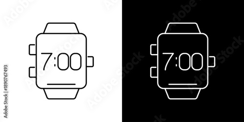 Single icon of digital wristwatch displaying 700 time, shown on a split black and white background
