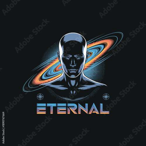 Eternal humanoid figure with cosmic rings and stars, science fiction space art design