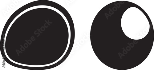 Two simple black and white abstract geometric shapes, a circle and an oval, on a transparent background, representing basic forms and design elements