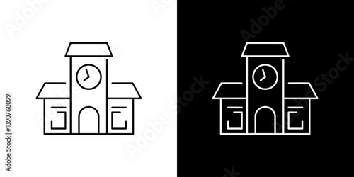 Single icon of classic building with a clock tower and arched entrance, symbolizing history, time, and public spaces