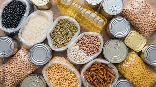Assortment of various food staples including canned goods dried beans rice lentils chickpeas pasta and cooking oil arranged on a wooden surface canned food pantry staple food