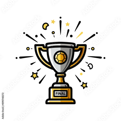 Graphic illustration of a silver and gold trophy cup with a starburst design and finalist plaque on a white background.