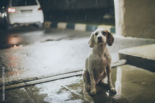 abandoned puppy sitting alone on a rainy street, wet fur, sad eyes, cinematic lighting, emotional mood