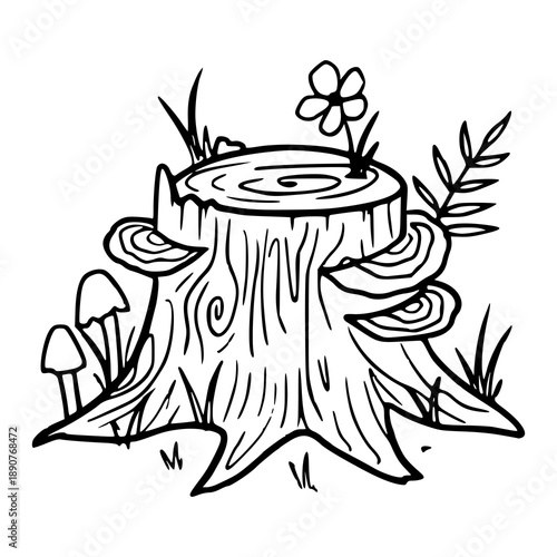 tree stump with mushroom and wildflowers line art illustration