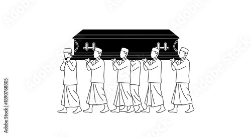 A solemn funeral procession with pallbearers carrying a classic wooden coffin in a traditional burial ceremony, depicted in a simple line art illustration with a somber mood.
