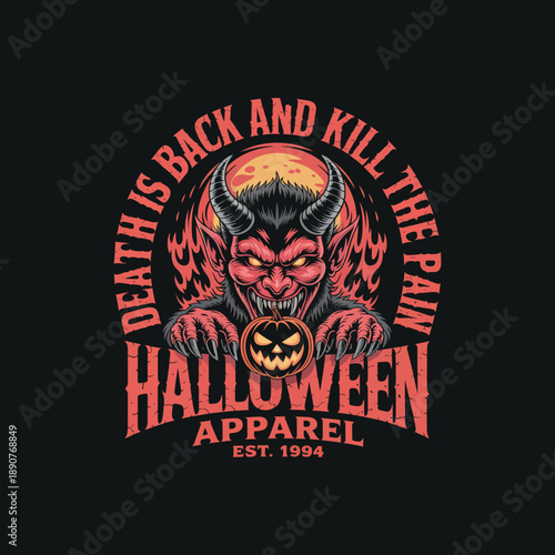 Halloween apparel graphic design with demon character biting pumpkin on black background