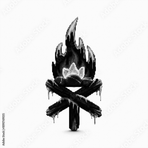 Arctic Bonfire Symbol Illustration Black and White Halftone Dotted Campfire Graphic Icon, Traditional Winter Hearth Fire with Logs Isolated for Outdoor Design