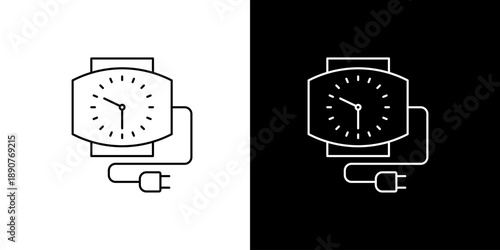 Sleek line icon of a classic analog watch connected to a power charger, representing timekeeping, digital power, and modern device charging