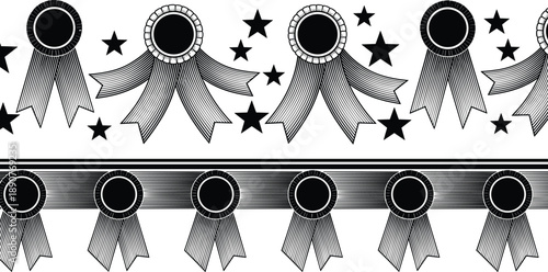 Engraved award ribbon rosettes with stars seamless borders isolated on white background vector illustration set for certificates and achievements