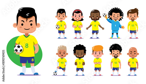 Diverse cute chibi soccer players in Brazil national team style yellow and blue uniforms. Flat design vector illustration featuring diverse players, goalkeeper, and various football poses.