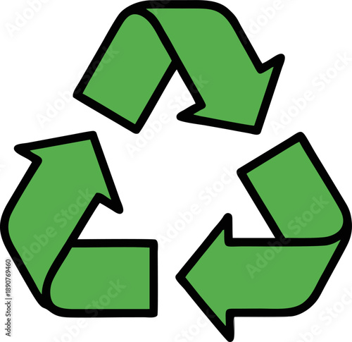 Green Recycle Symbol with Black Outline on White Background.