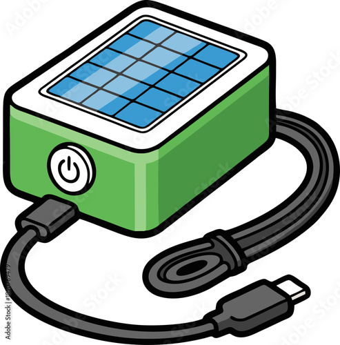 Green Solar Power Bank with USB Cable for Portable Charging.