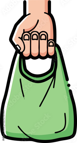 Hand holding a green reusable shopping bag.
