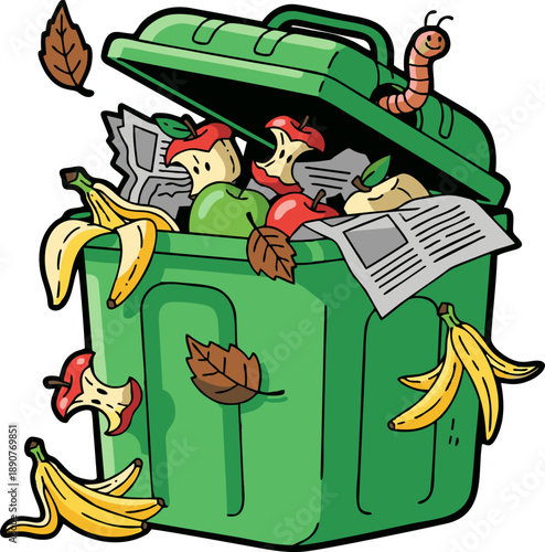 Overflowing green garbage can with organic waste and newspaper.