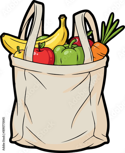 Reusable grocery bag filled with fresh fruits and vegetables.