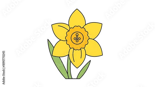 Bright yellow daffodil flower illustration with green leaves.