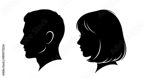 Silhouette profiles of a man and a woman facing each other.