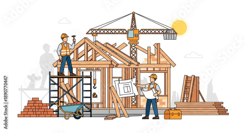Construction workers building a house with blueprints and crane.
