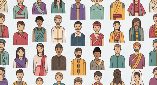 Diverse group of people in traditional clothing illustration.