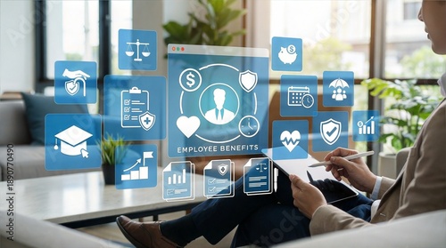 Employee benefits concept with health insurance and financial perks for workplace wellness