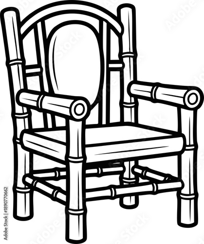 Simple black and white line art drawing of a bamboo chair.