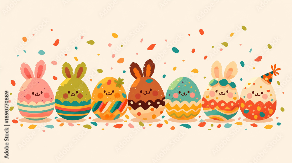 Obraz premium Colorful Easter Eggs with Cute Faces and Patterns 