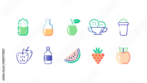 Healthy Food & Beverage Icons, Clean flat icon collection of healthy foods and beverages, 10 minimal vector icons in a professional stock style for health and lifestyle projects.