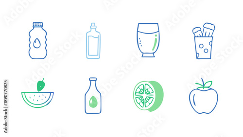 Healthy Food & Beverage Icons, Clean flat icon collection of healthy foods and beverages, 8 minimal vector icons in a professional stock style for health and lifestyle projects.