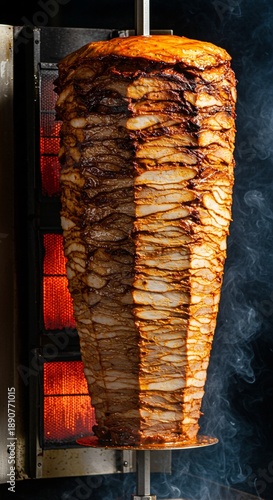 Juicy Shawarma Rotating on Spit Grill – Delicious Turkish Doner Kebab Meat Cooking