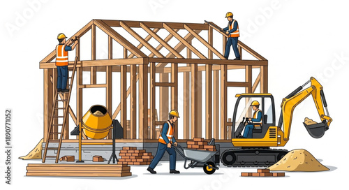 Construction workers building a house with excavator and tools.