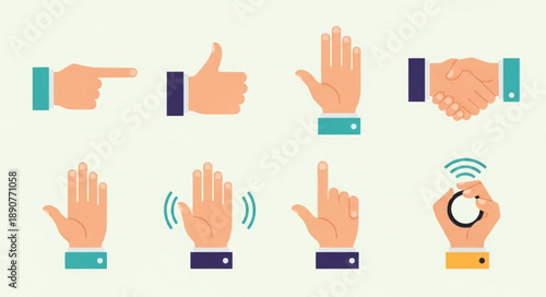 Collection of diverse hand gestures and icons for communication and technology.