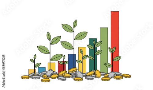 Eco investment and income growth concept with plants coins and chart vector isolated on transparent background