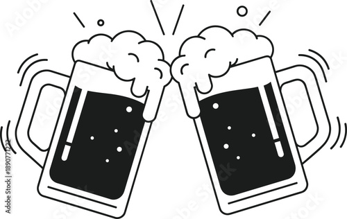 Two beer mugs clinking together with foam and bubbles in a celebratory toast