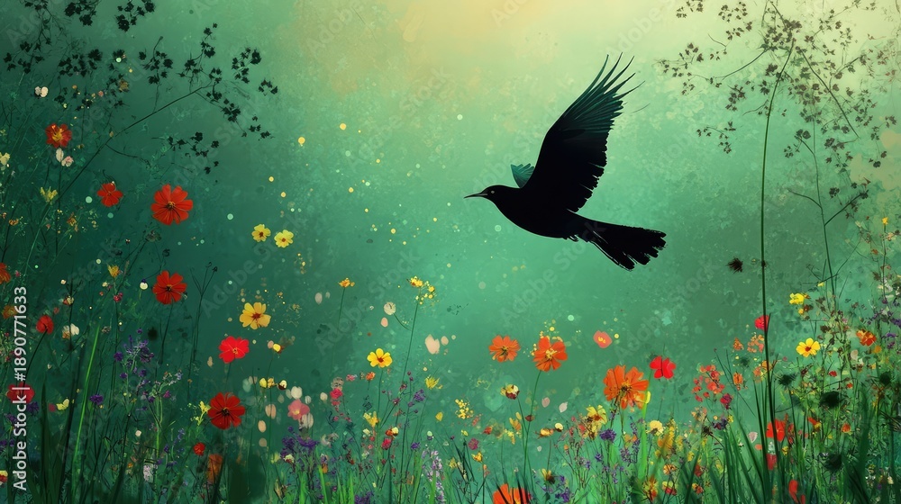 Fototapeta premium A black bird flying over a field of flowers