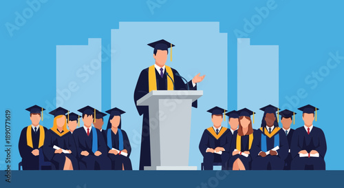 Graduation ceremony with students and speaker at podium.
