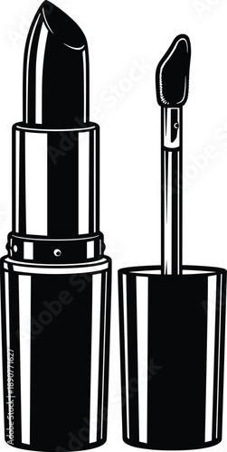 Illustration of a black lipstick tube with its cap off and applicator exposed on a plain background from a straightforward viewpoint