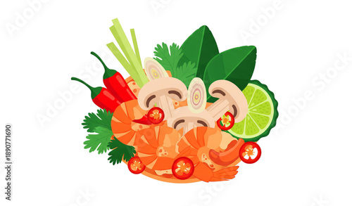 Tom Yum soup with shrimp Thai cuisine color art vector isolated on transparent background