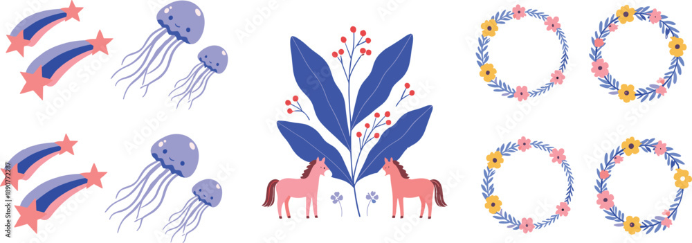 Obraz premium Whimsical fantasy illustration set with shooting stars jellyfish unicorns floral wreaths and magical decorative elements
