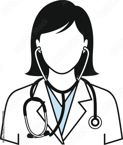 Illustration of a female doctor wearing a stethoscope and lab coat, symbolizing healthcare and medical services