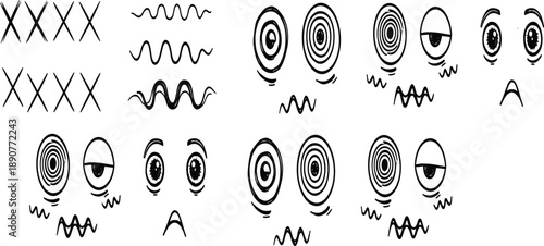 Abstract cartoon facial expression doodle set with eyes symbols lines and emotional reactions in hand drawn vector style