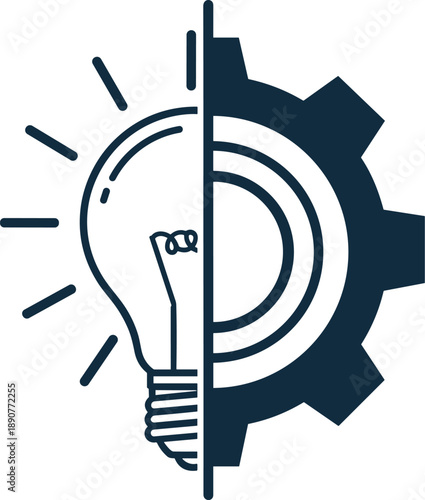 Conceptual split of a light bulb and a gear, representing innovation, industry, and technological advancement