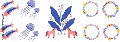 Whimsical fantasy illustration set with shooting stars jellyfish unicorns floral wreaths and magical decorative elements