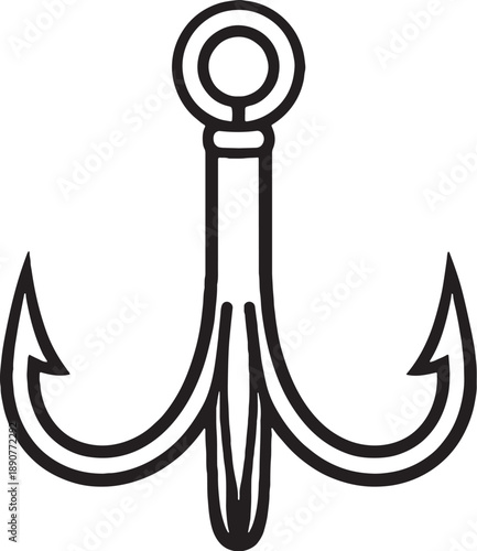 Black and White Treble Fishing Hook Line Art Illustration