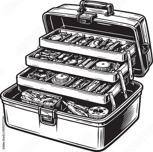 Black and White Fishing Tackle Box Line Art Illustration