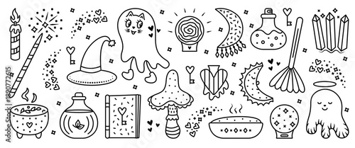 Black line witchy vector set. Monochrome outline isolated symbols. Whimsical characters, ghosts, magic elixirs, ball of predictions, etc. Vector groovy retro cliparts