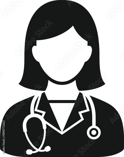 Simple black and white illustration of a female doctor wearing a stethoscope from the chest up