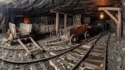 Rustic wooden mine carts rest on tracks inside a dark and historic mining shaft exhibition