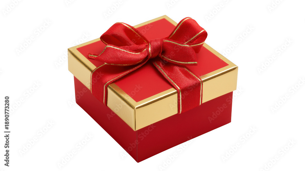 Obraz premium Bright red gift box with a shiny gold ribbon, AI, PNG