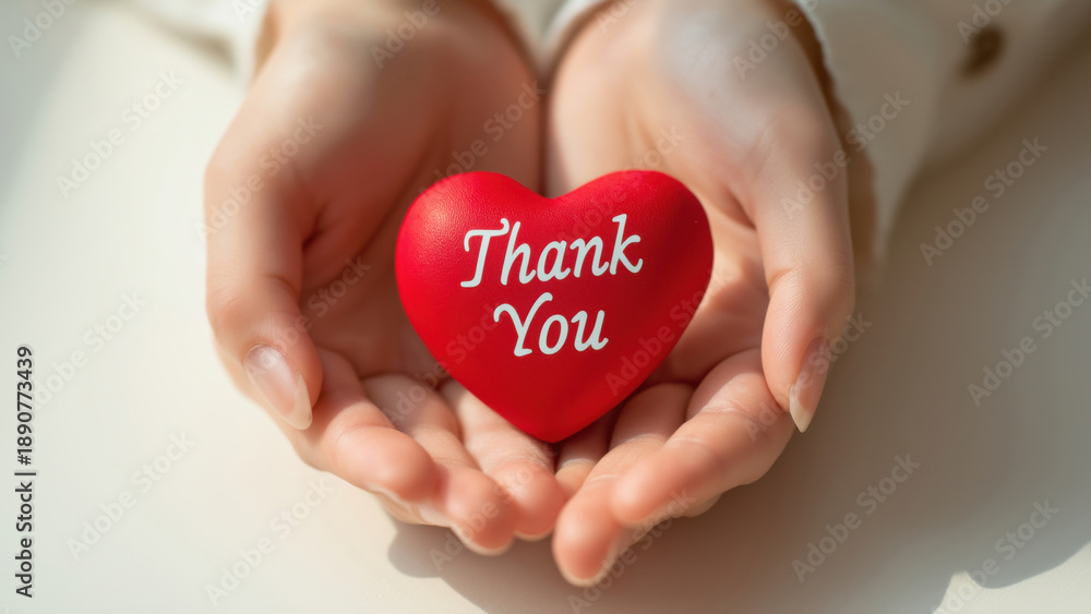 Fototapeta premium A person holds a red heart that says thank you, created AI