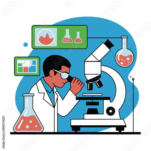 A scientist in a lab coat examining a sample under a microscope with various laboratory equipment and test tubes nearby.